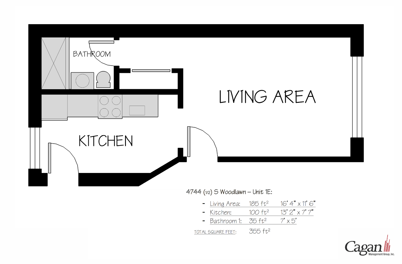Floor plan for studio, 1 bath, 355 sqft
